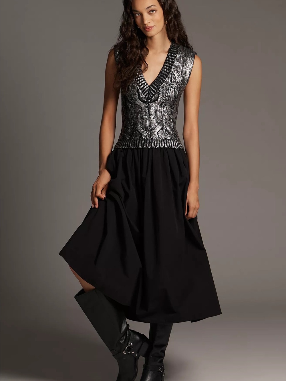 Anthropologie Pilcro Foil Twofer Midi Dress Black Silver S
